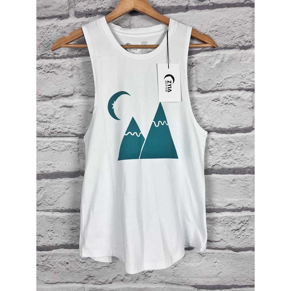 NWT ZYIA ACTIVE Women's S White Green Mountain Moon‎ Performance Gym Tank Top - Picture 8 of 8